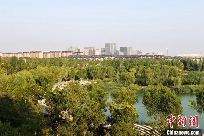 從完成頂層設(shè)計到如火如荼大規(guī)模建設(shè)，六年來，雄安新區(qū)如春天的竹子一般拔節(jié)生長，這座承載千年大計的“未來之城”已雄姿初顯。從“一張白紙”開始著墨，如今的雄安新區(qū)已是濃墨重彩的“山水畫”。<a target='_blank' href='/'>中新社</a>記者近日走訪了雄安新區(qū)多地，從“藍(lán)綠金”三色感受這座“未來之城”的巨大變化。圖為7月18日拍攝的河北雄安新區(qū)金湖公園。 <a target='_blank' href='/'>中新社</a>記者 易海菲 攝