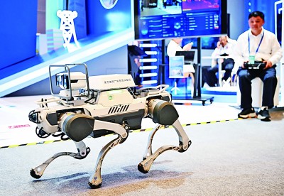  網(wǎng)絡(luò)安全博覽會(huì)上的企業(yè)展示電網(wǎng)巡線機(jī)器狗。新華社記者 鄧華攝